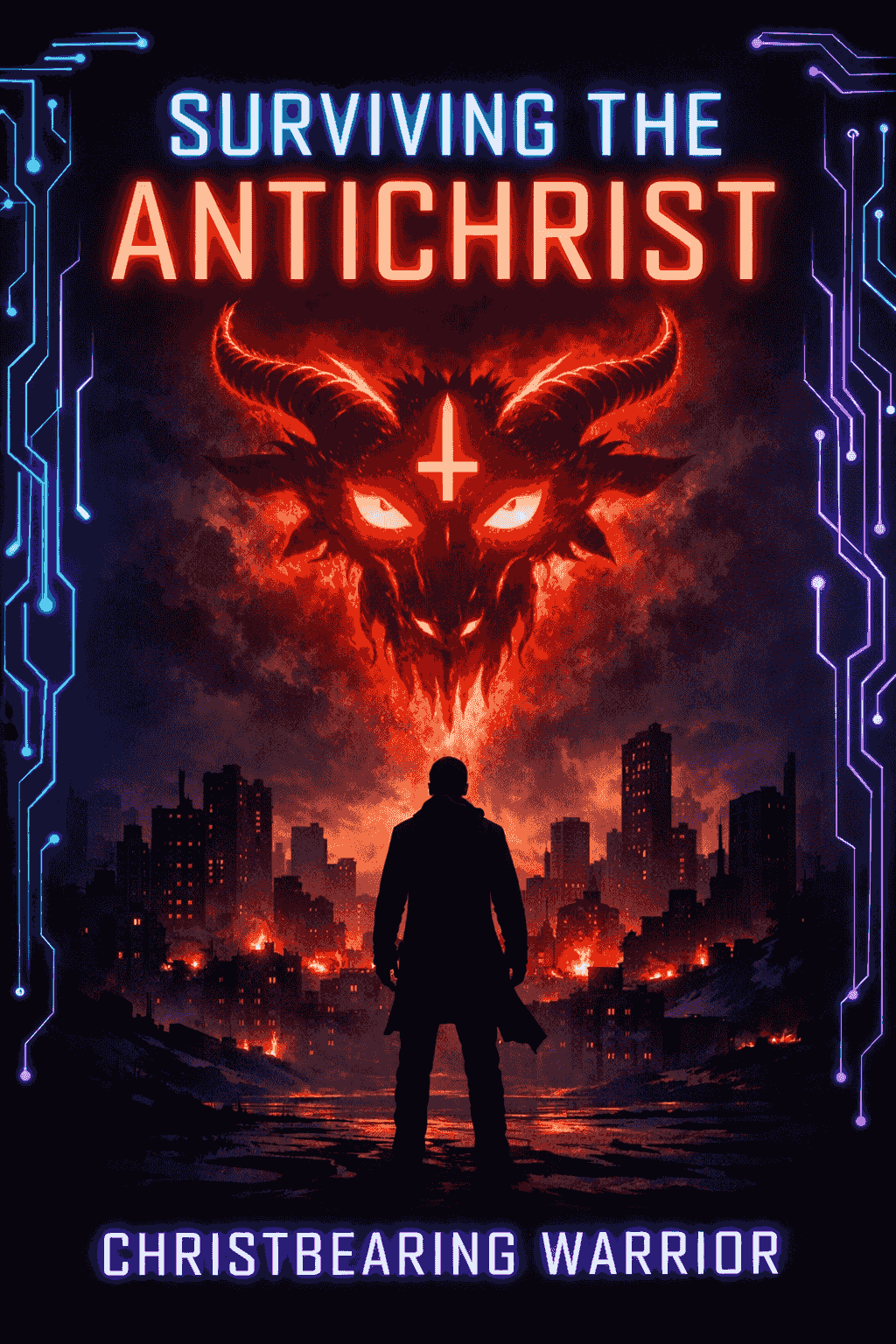 Surviving the Antichrist book cover — a silhouette stands before a burning city with a demonic figure above